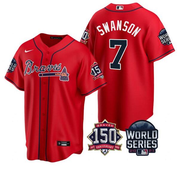Men's Atlanta Braves #7 Dansby Swanson 2021 Red World Series With 150th Anniversary Patch Cool Base Stitched Jersey Men's Atlanta Braves #7 Dansby Swanson 2021 Red World Series With 150th Anniversary Patch Cool Base Stitched Jersey